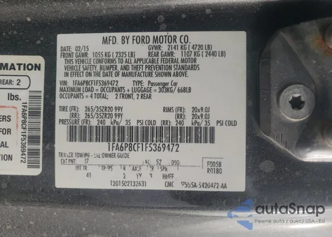 2015 Ford Mustang Gt z USA, uszkodzony, nr VIN 1FA6P8CF1F5369472